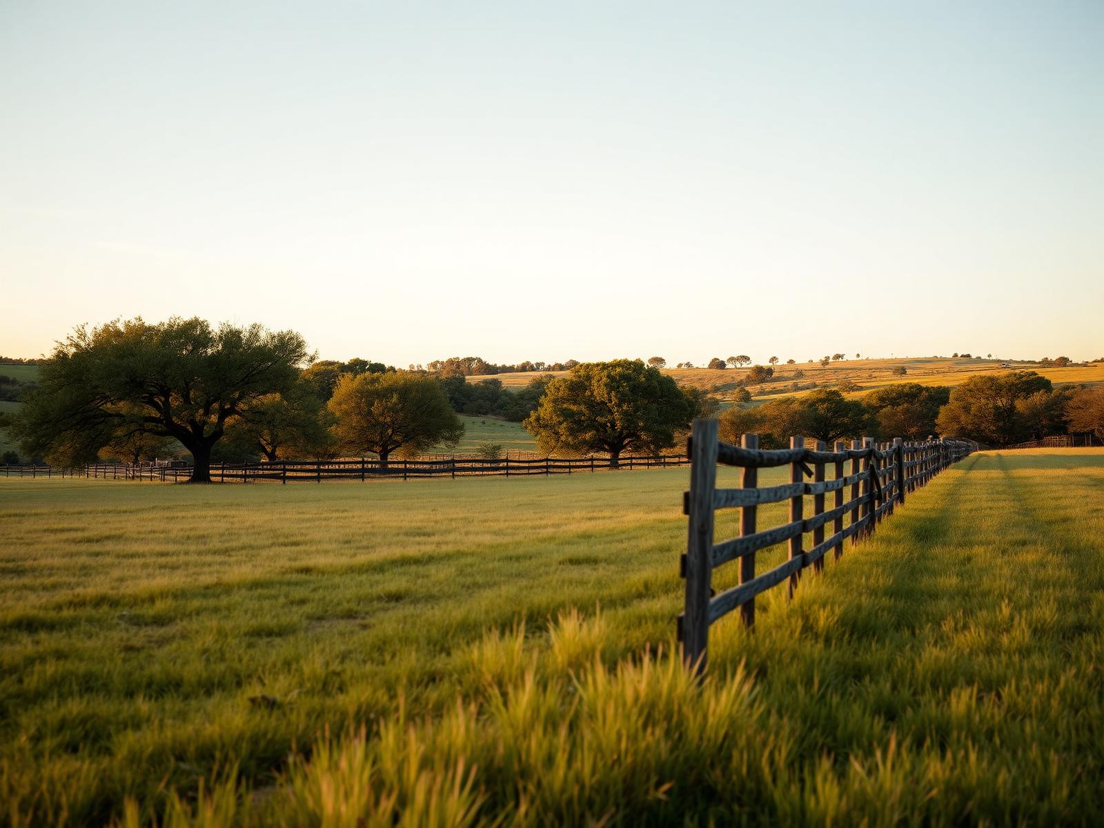 Texas pasture with wooden fence at golden hour